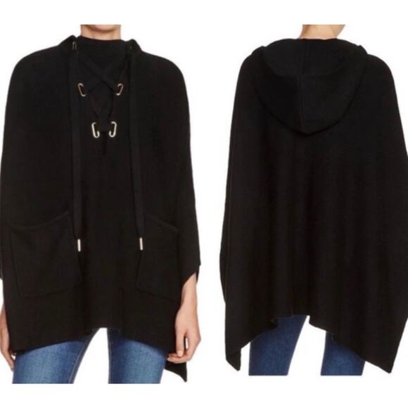 Maje Million Wool Blend Black Knit Lace-Up Hooded Poncho Sweater One Size - Picture 1 of 9
